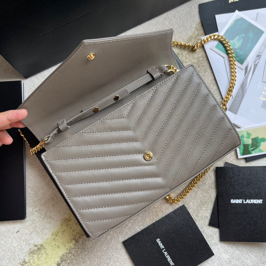 Saint Laurent Cassandre Matelassé Chain Wallet in Quilted Leather - Grey