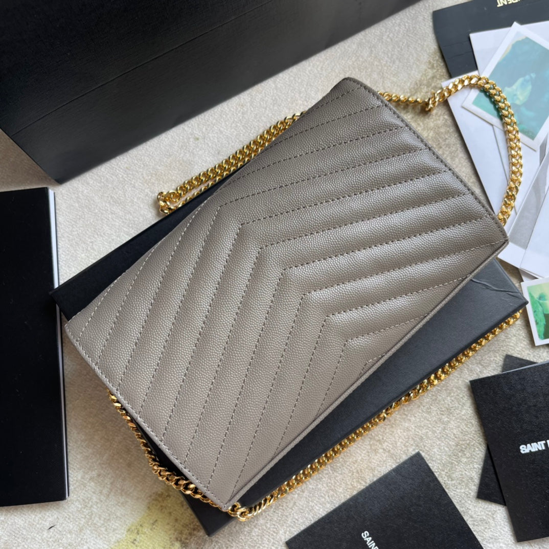 Saint Laurent Cassandre Matelassé Chain Wallet in Quilted Leather - Grey