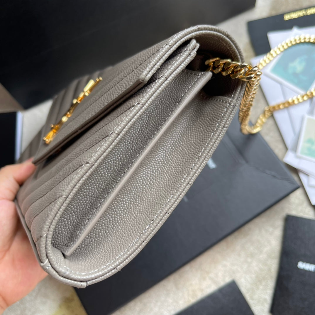 Saint Laurent Cassandre Matelassé Chain Wallet in Quilted Leather - Grey