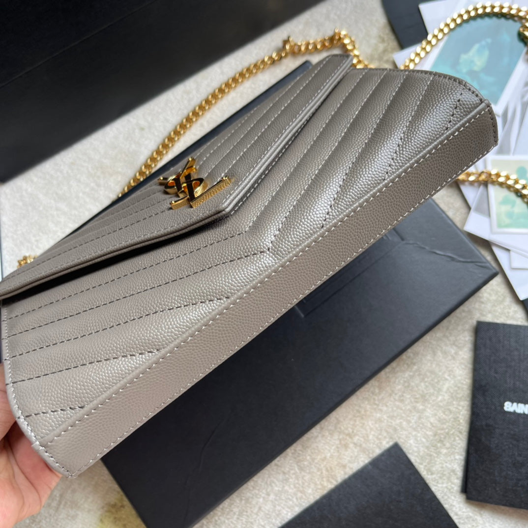 Saint Laurent Cassandre Matelassé Chain Wallet in Quilted Leather - Grey