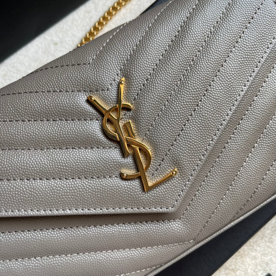 Saint Laurent Cassandre Matelassé Chain Wallet in Quilted Leather - Grey