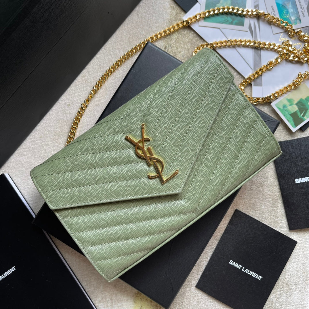 Saint Laurent Cassandre Matelassé Chain Wallet in Sage Green Leather