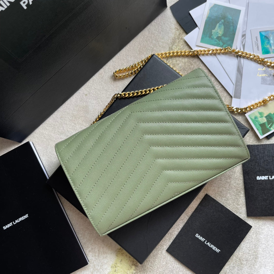 Saint Laurent Cassandre Matelassé Chain Wallet in Sage Green Leather