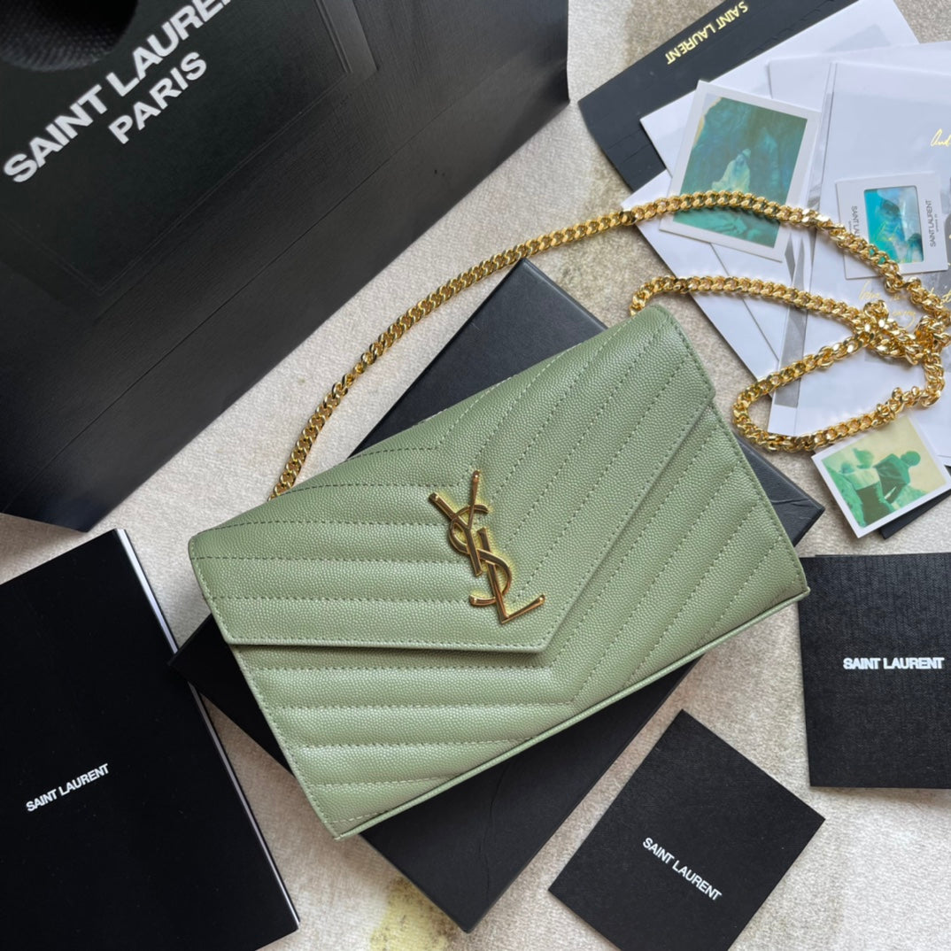 Saint Laurent Cassandre Matelassé Chain Wallet in Sage Green Leather