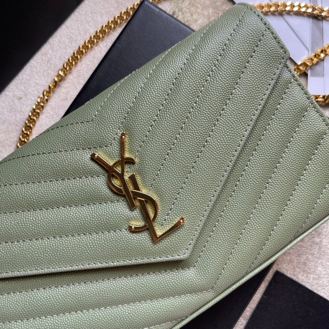 Saint Laurent Cassandre Matelassé Chain Wallet in Sage Green Leather
