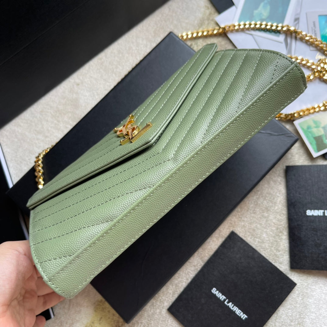 Saint Laurent Cassandre Matelassé Chain Wallet in Sage Green Leather