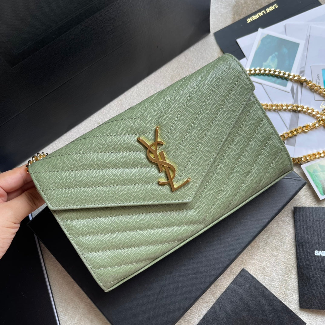 Saint Laurent Cassandre Matelassé Chain Wallet in Sage Green Leather