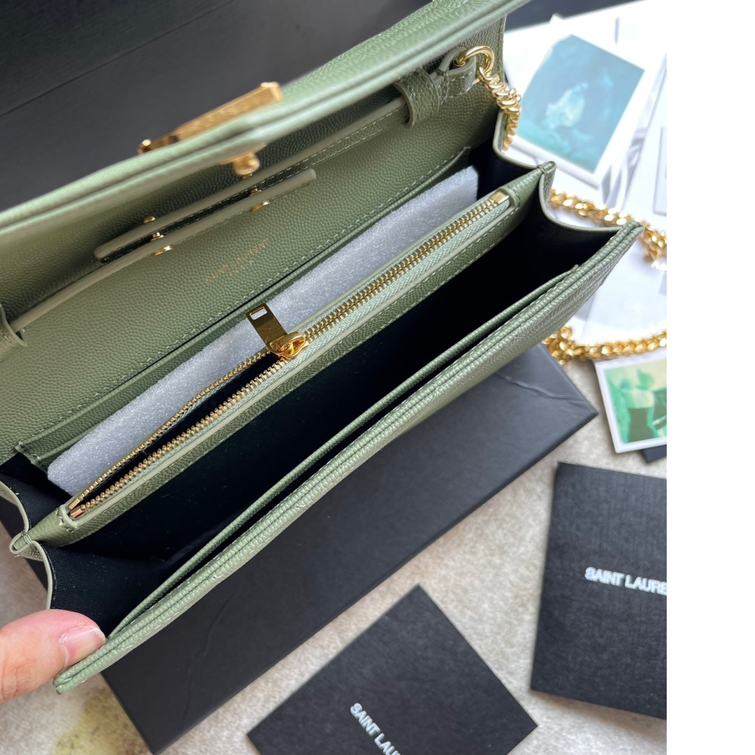 Saint Laurent Cassandre Matelassé Chain Wallet in Sage Green Leather