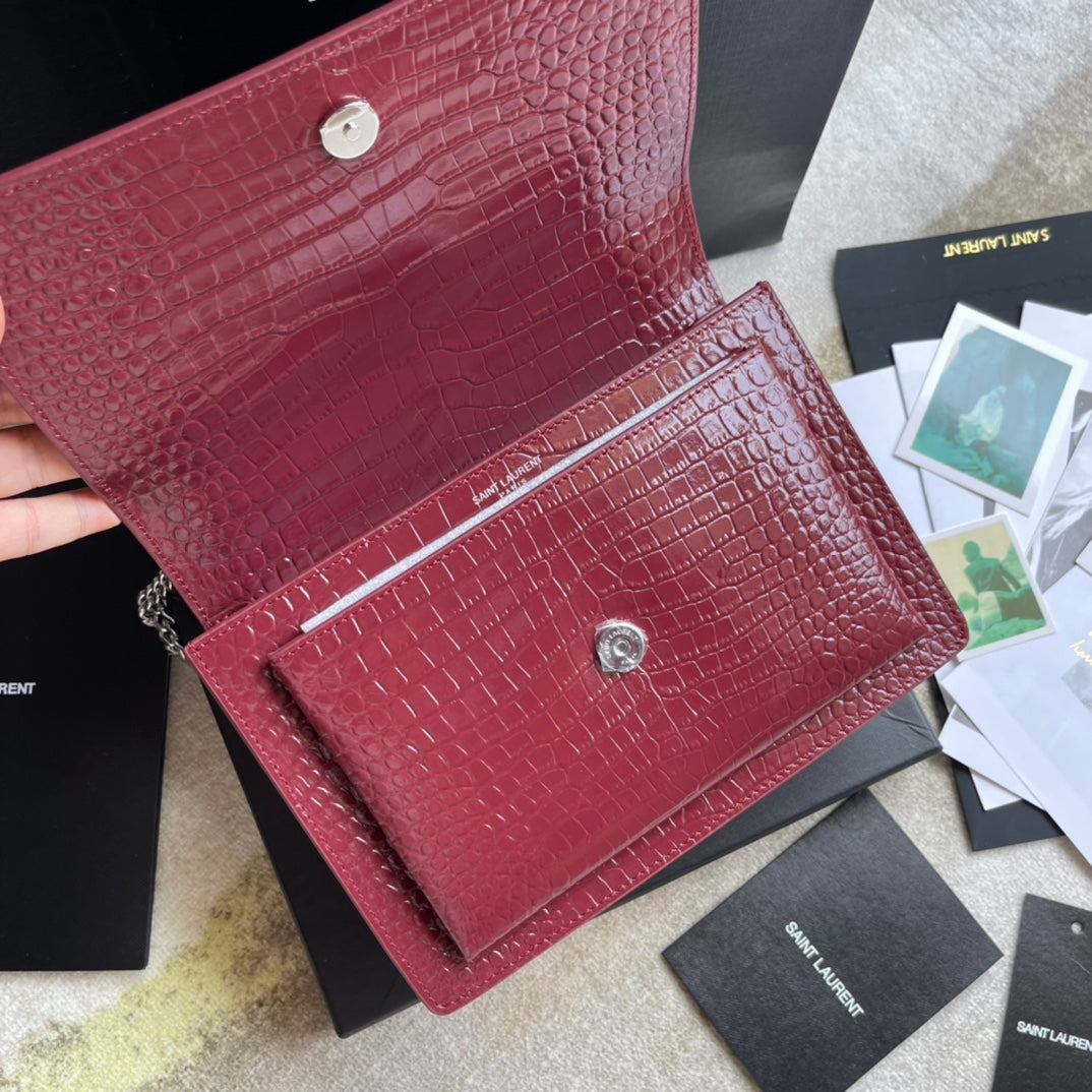 Saint Laurent Sunset Medium Crocodile-Embossed Leather Shoulder Bag - Red