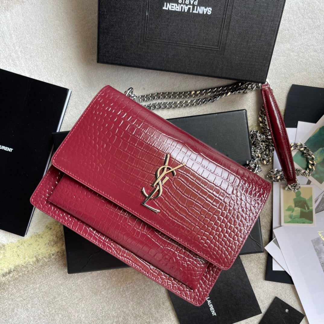 Saint Laurent Sunset Medium Crocodile-Embossed Leather Shoulder Bag - Red