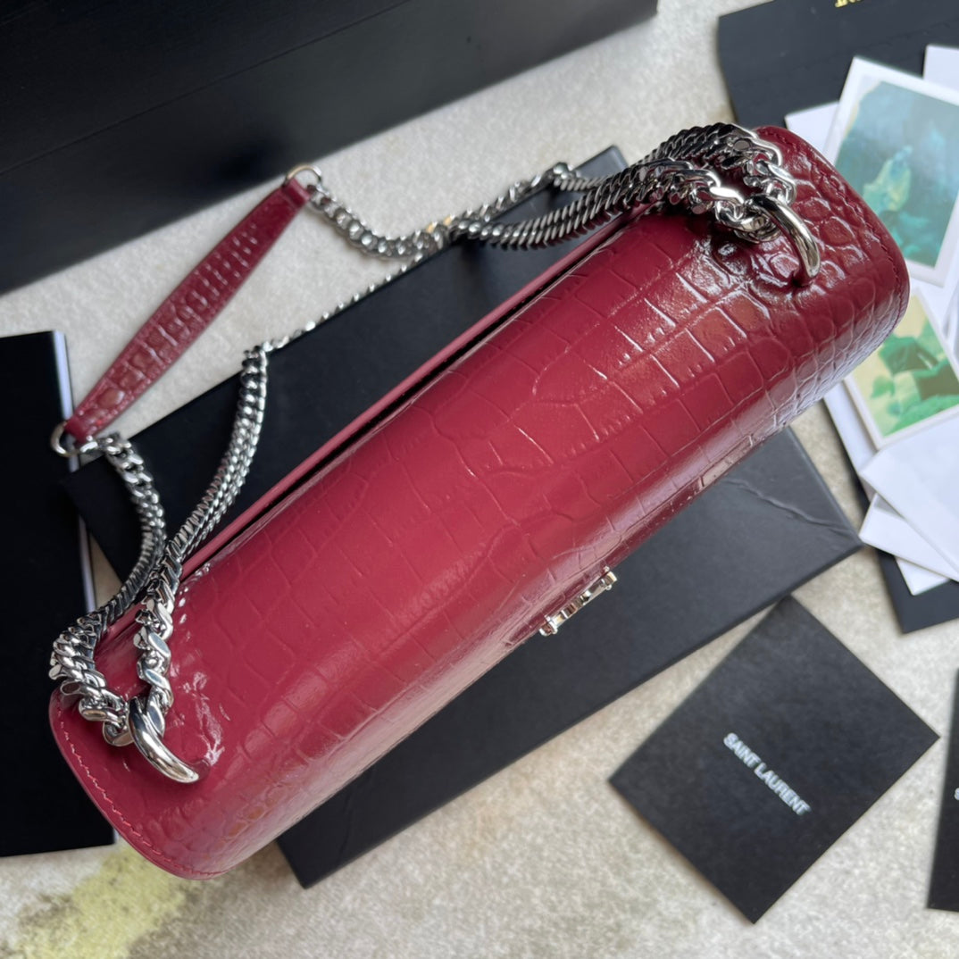 Saint Laurent Sunset Medium Crocodile-Embossed Leather Shoulder Bag - Red