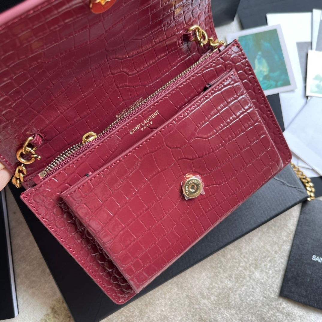 Saint Laurent Sunset Medium Shoulder Bag in Crocodile-Embossed Leather - Dark Red