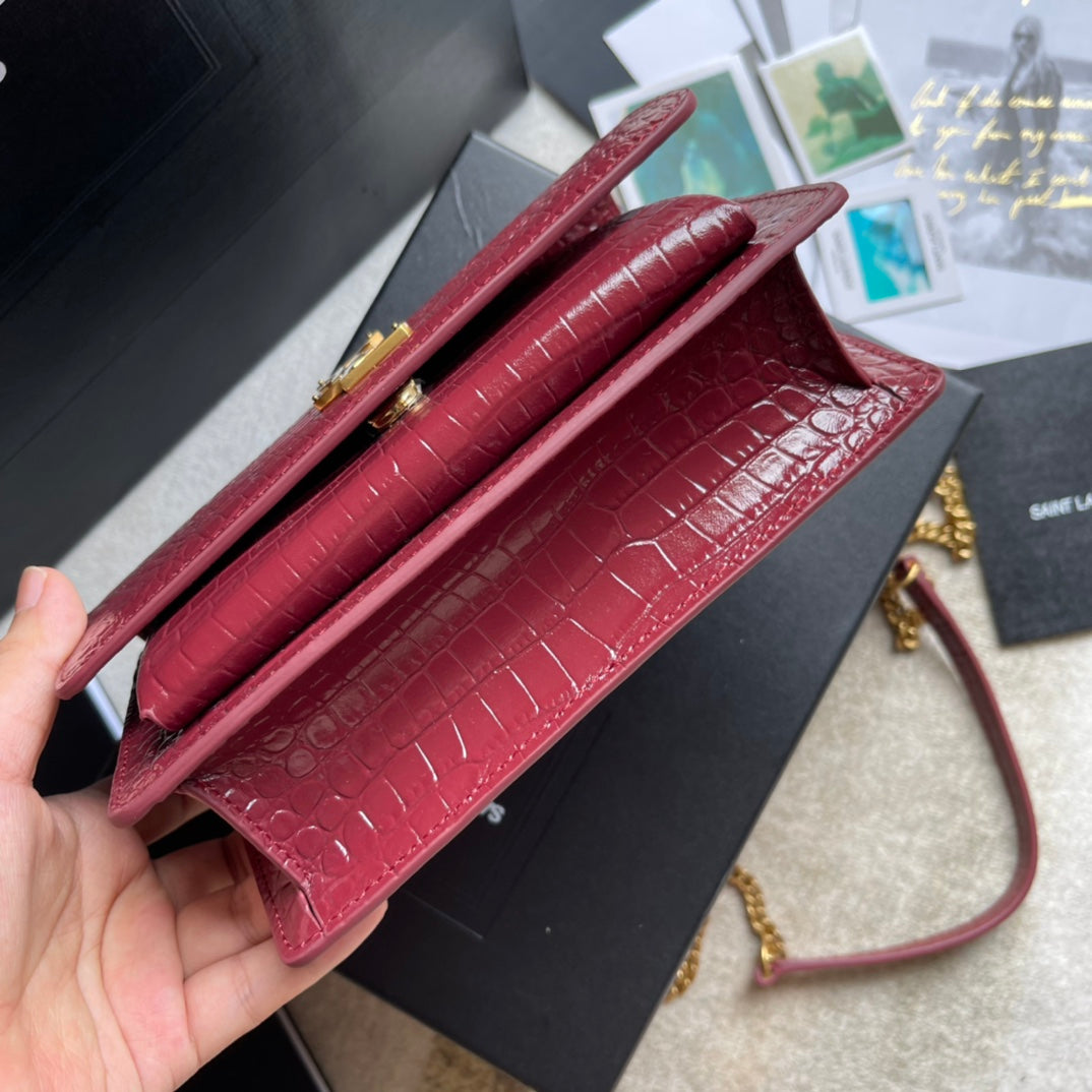 Saint Laurent Sunset Medium Shoulder Bag in Crocodile-Embossed Leather - Dark Red