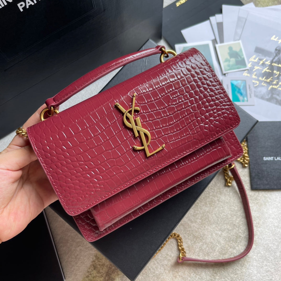Saint Laurent Sunset Medium Shoulder Bag in Crocodile-Embossed Leather - Dark Red