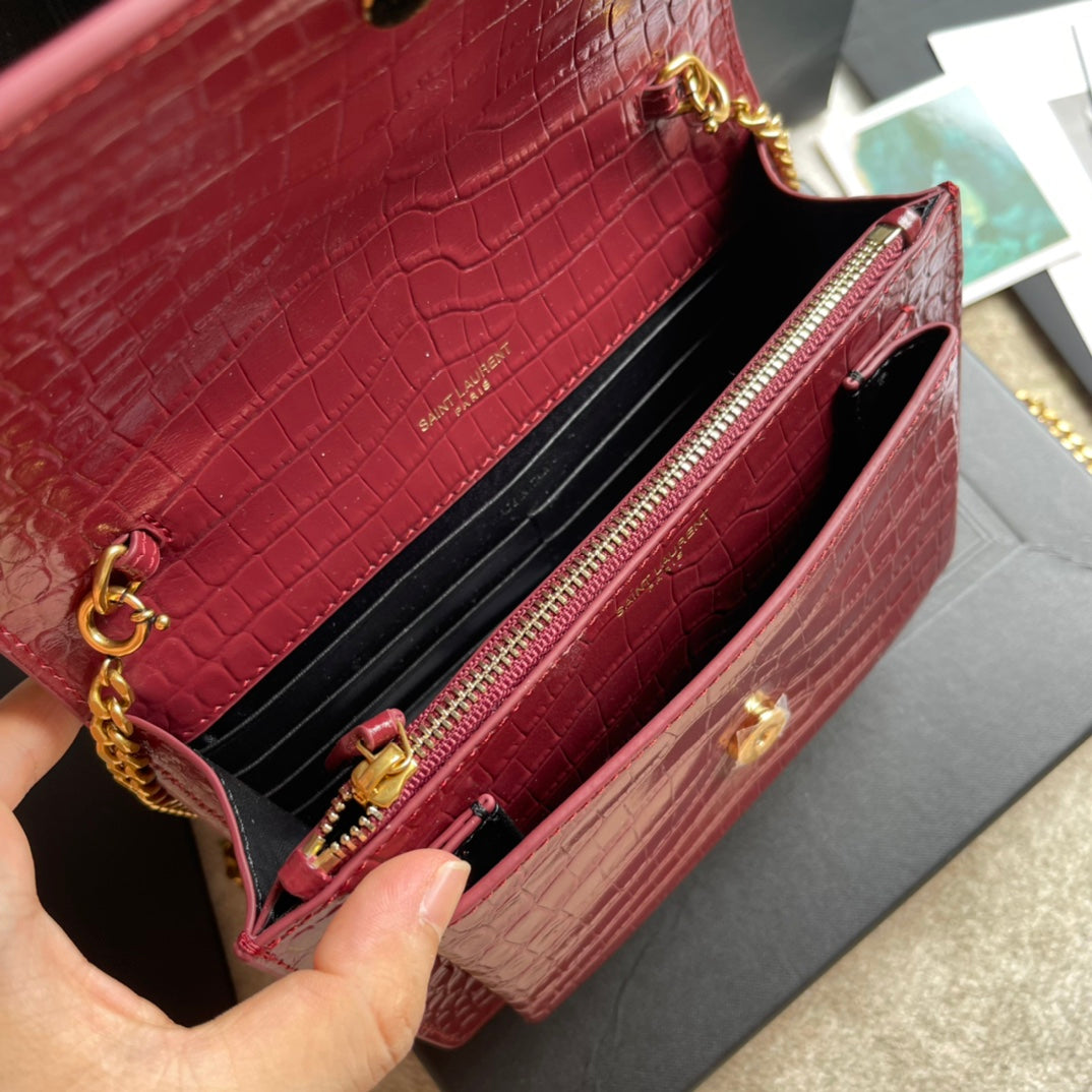 Saint Laurent Sunset Medium Shoulder Bag in Crocodile-Embossed Leather - Dark Red