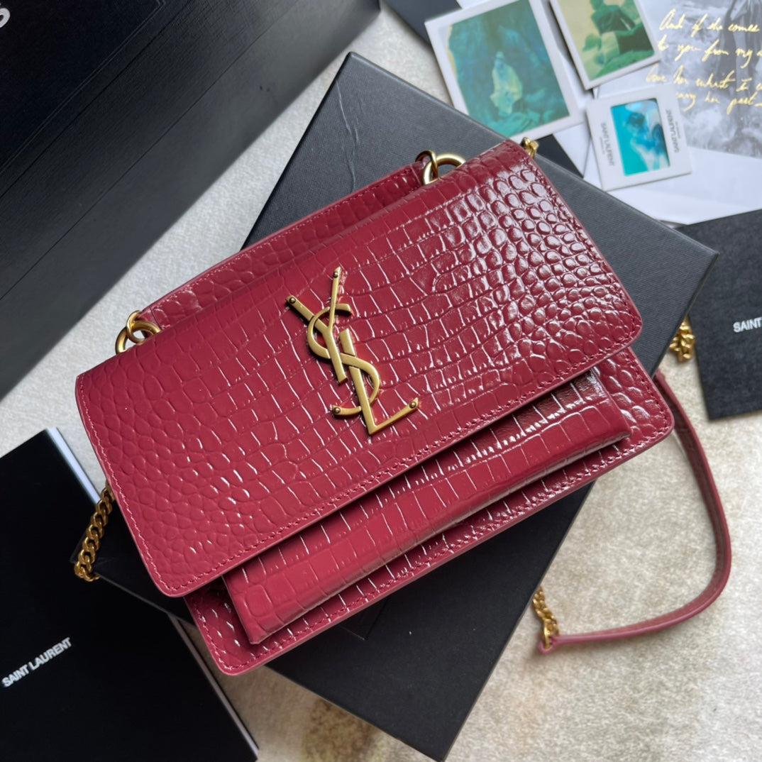 Saint Laurent Sunset Medium Shoulder Bag in Crocodile-Embossed Leather - Dark Red