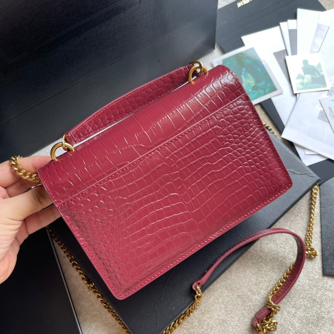 Saint Laurent Sunset Medium Shoulder Bag in Crocodile-Embossed Leather - Dark Red