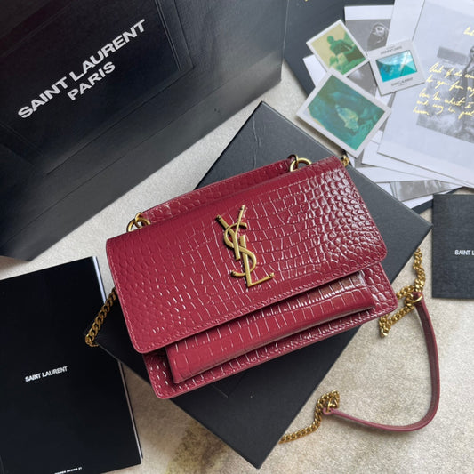 Saint Laurent Sunset Medium Shoulder Bag in Crocodile-Embossed Leather - Dark Red