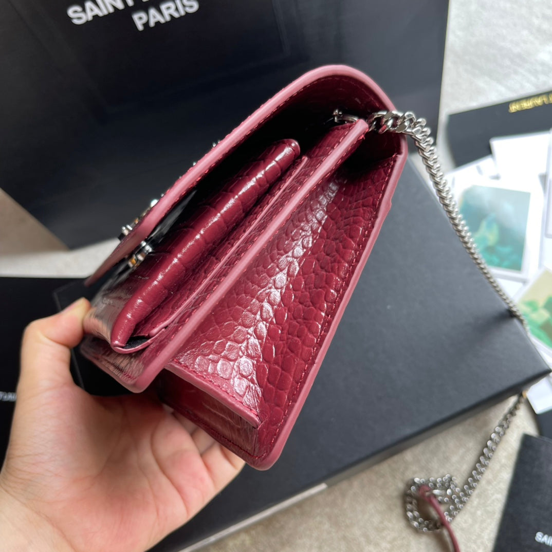 Saint Laurent Medium Sunset Shoulder Bag in Crocodile-Embossed Red Leather