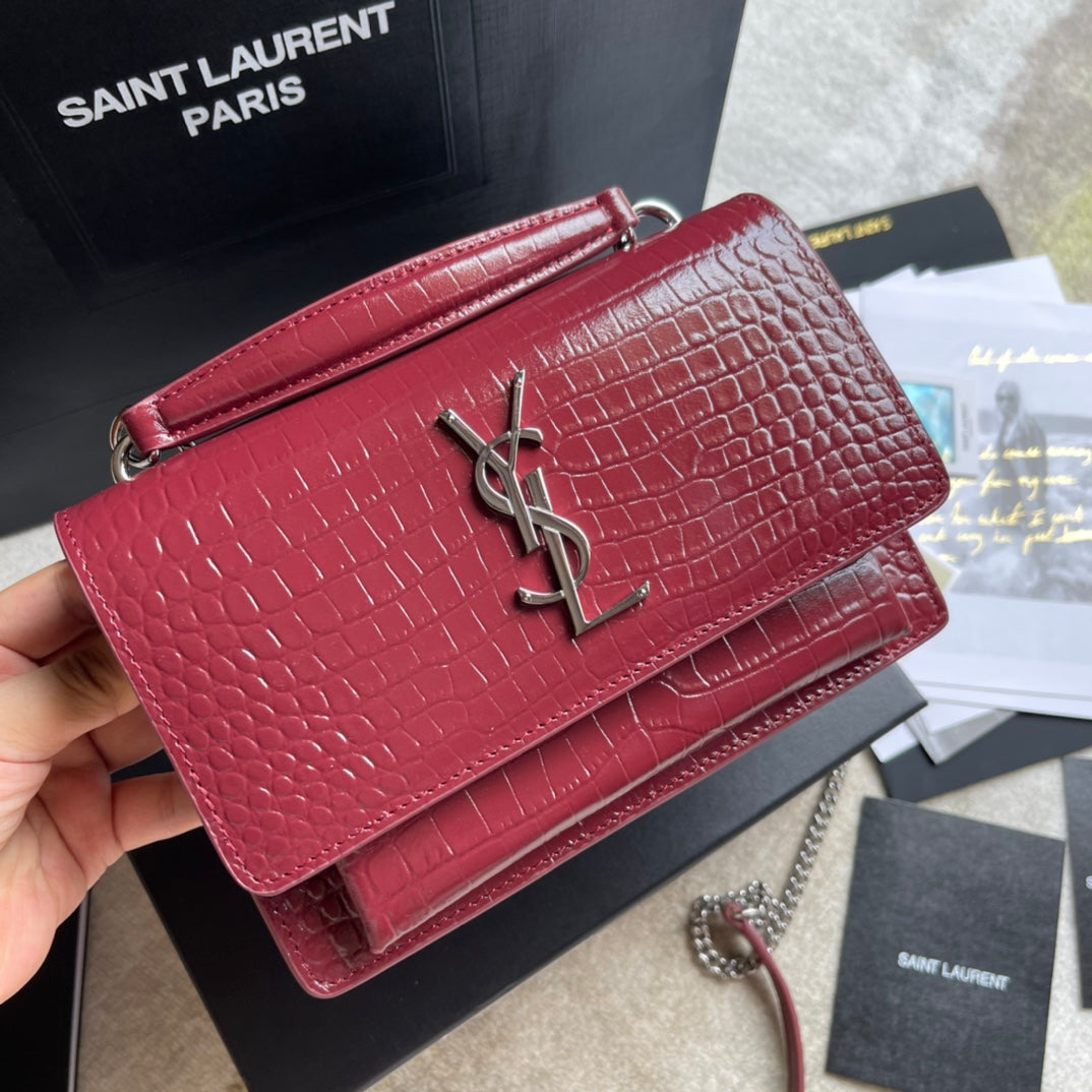 Saint Laurent Medium Sunset Shoulder Bag in Crocodile-Embossed Red Leather