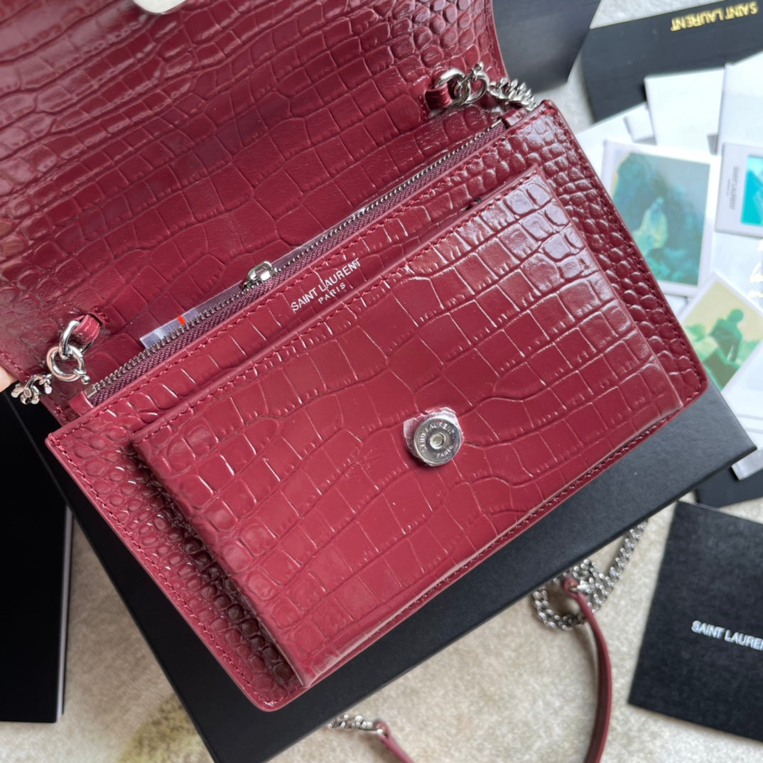 Saint Laurent Medium Sunset Shoulder Bag in Crocodile-Embossed Red Leather