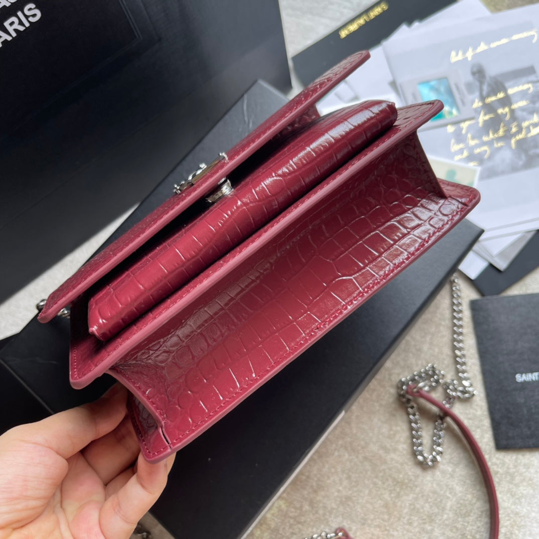 Saint Laurent Medium Sunset Shoulder Bag in Crocodile-Embossed Red Leather
