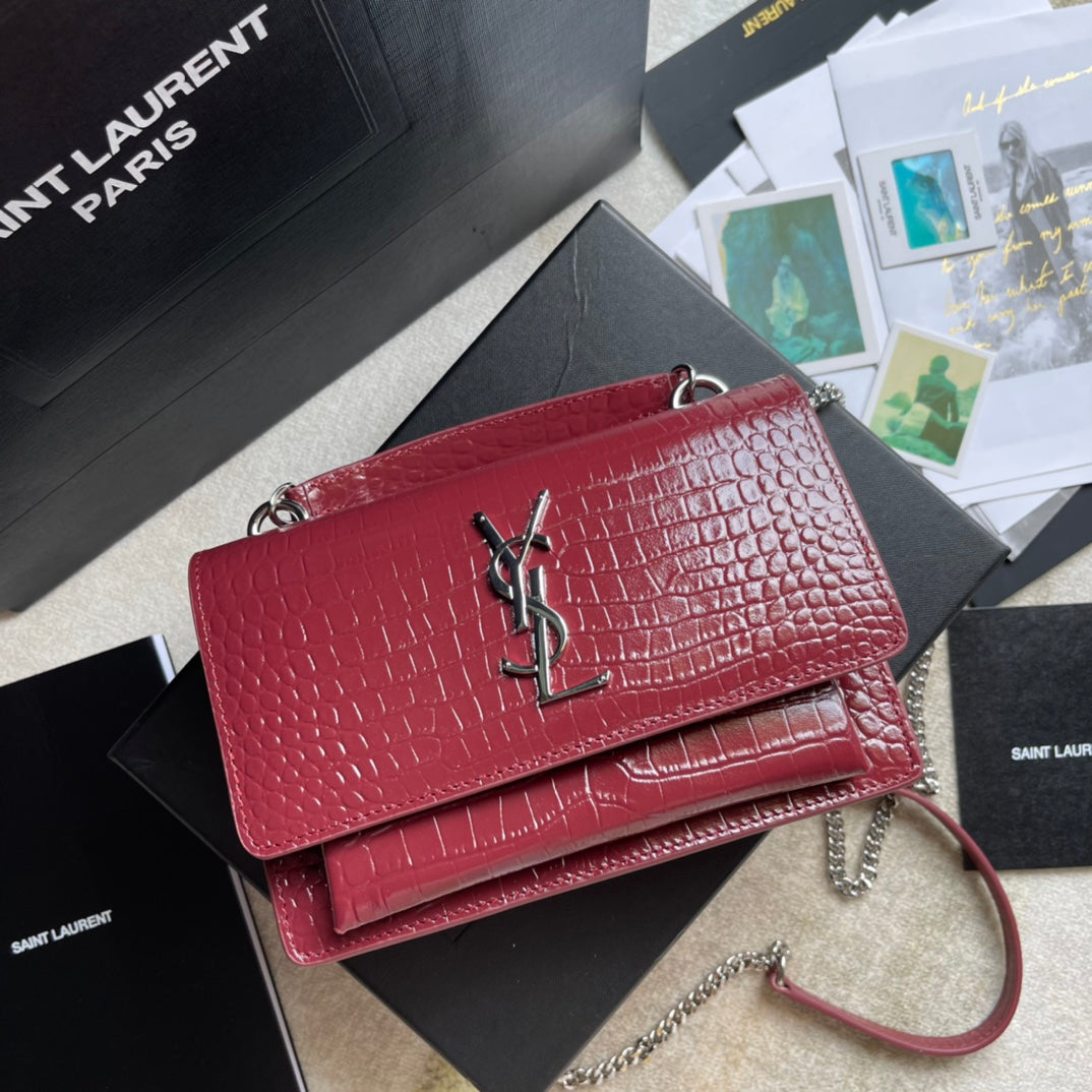 Saint Laurent Medium Sunset Shoulder Bag in Crocodile-Embossed Red Leather