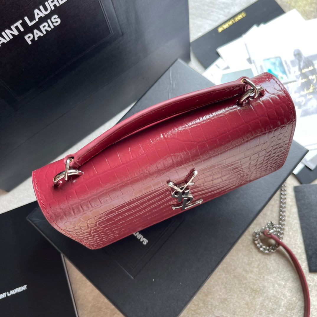 Saint Laurent Medium Sunset Shoulder Bag in Crocodile-Embossed Red Leather