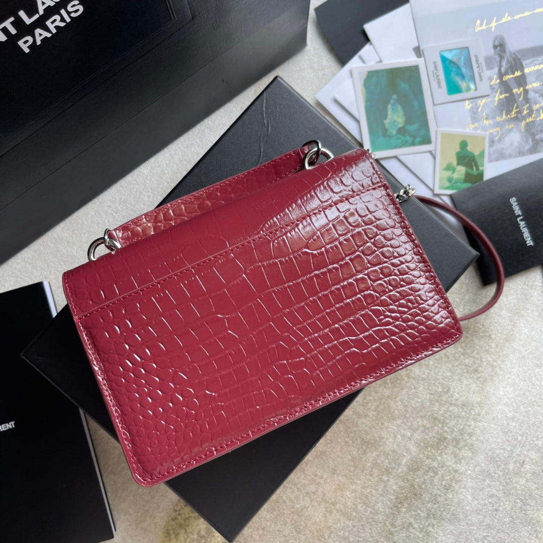 Saint Laurent Medium Sunset Shoulder Bag in Crocodile-Embossed Red Leather