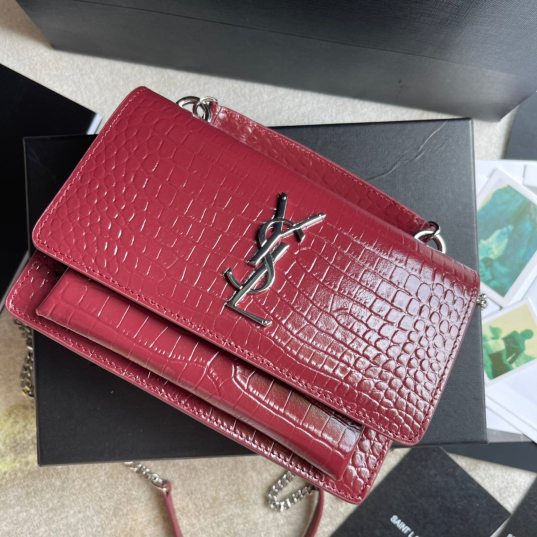 Saint Laurent Medium Sunset Shoulder Bag in Crocodile-Embossed Red Leather