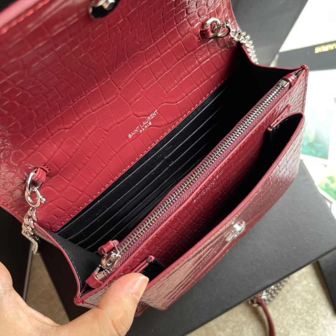 Saint Laurent Medium Sunset Shoulder Bag in Crocodile-Embossed Red Leather