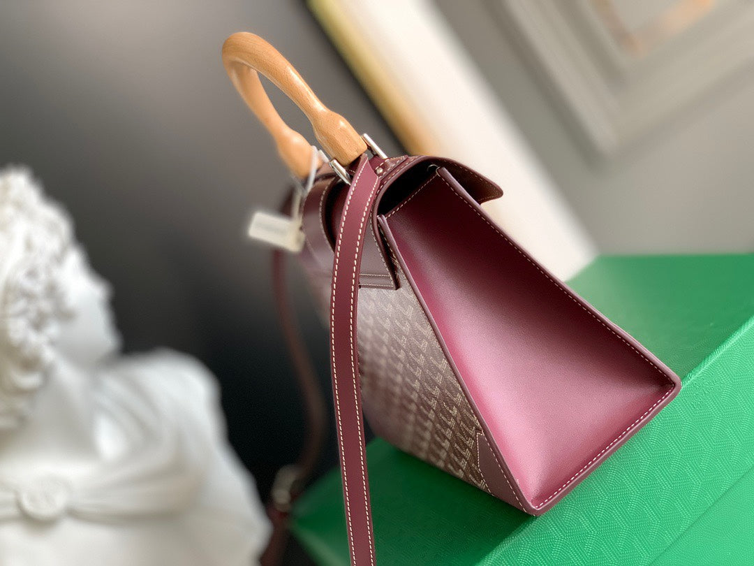 Gogy Burgundy Geometric Pattern Handbag with Wooden Top Handle