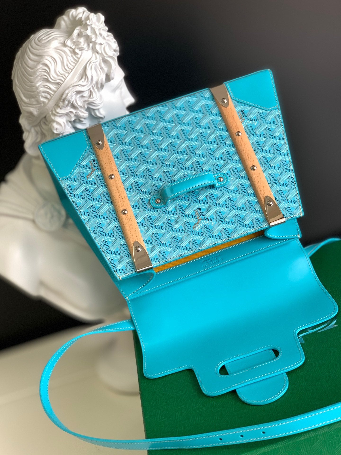 Gogy Turquoise Geometric Pattern Leather Handbag with Wooden Top Handle