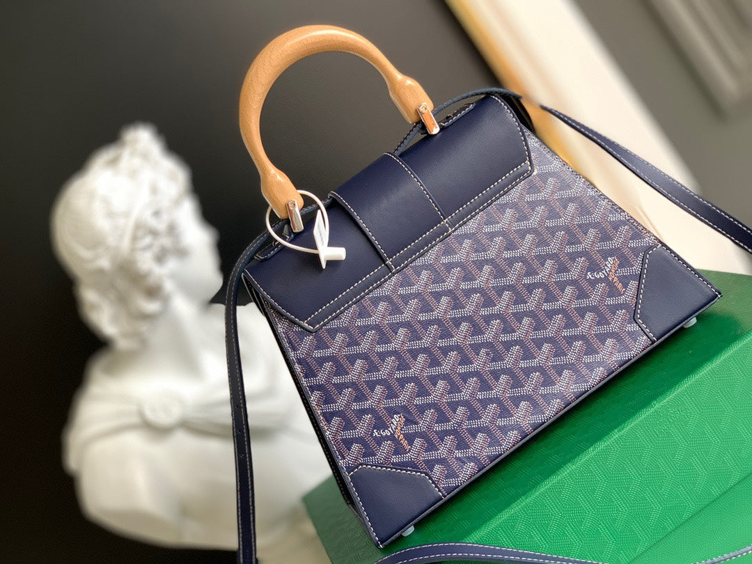 Gogy Navy Blue Chevron Print Top Handle Bag with Wooden Trim