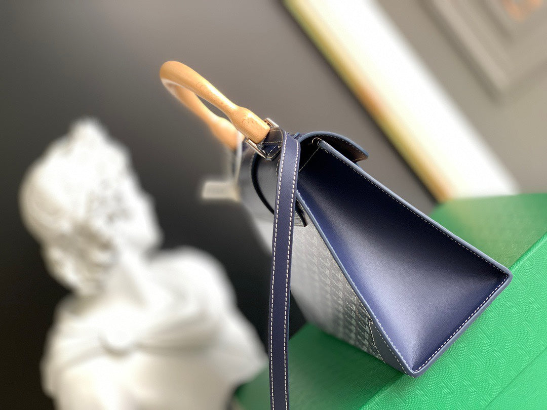 Gogy Navy Blue Chevron Print Top Handle Bag with Wooden Trim