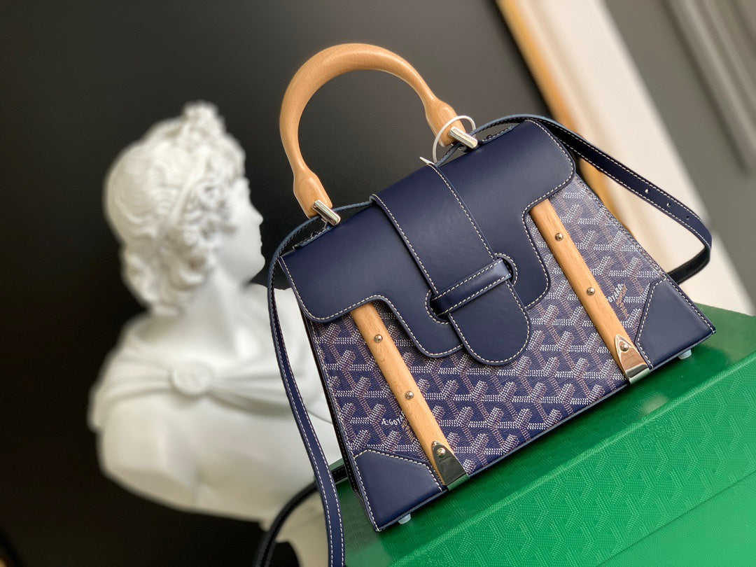 Gogy Navy Blue Chevron Print Top Handle Bag with Wooden Trim