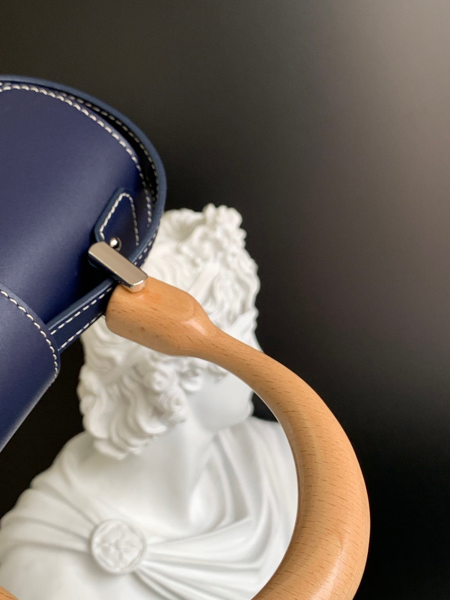 Gogy Navy Blue Chevron Print Top Handle Bag with Wooden Trim