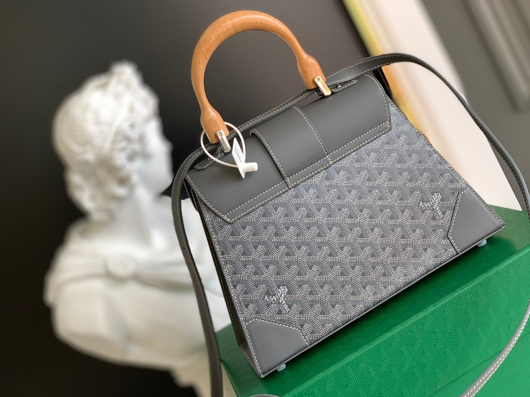 Gogy Structured Grey Chevron Top Handle Shoulder Bag with Wooden Handle