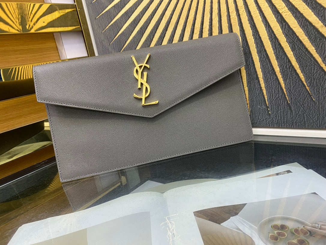 Saint Laurent Uptown Pouch in Grey Grain de Poudre Embossed Leather