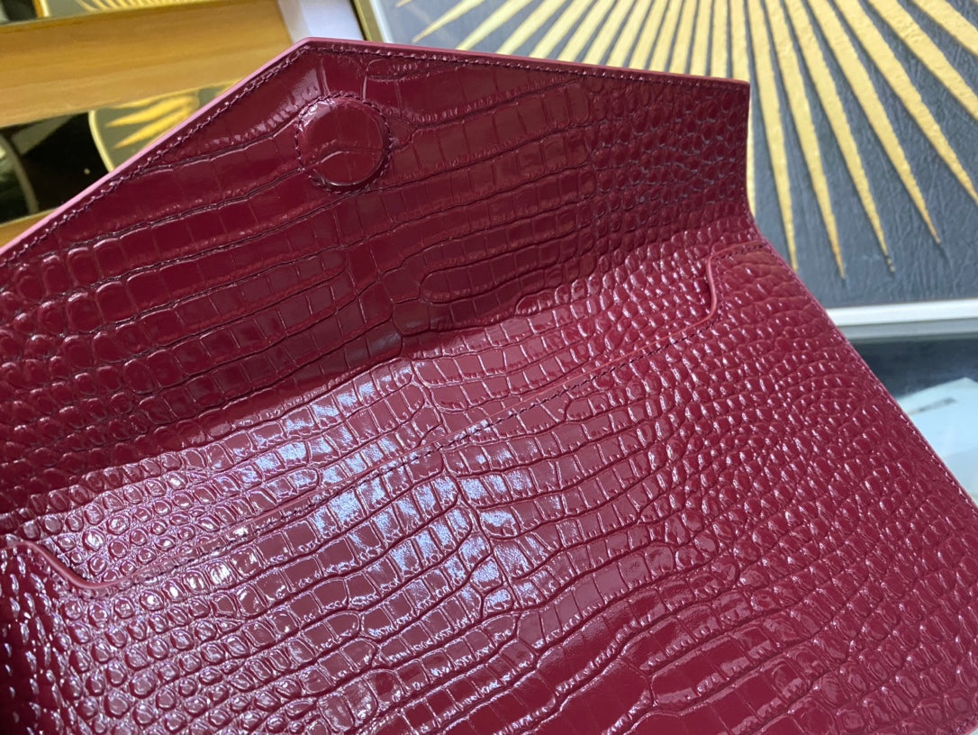Saint Laurent Uptown Crocodile-Embossed Leather Clutch - Burgundy