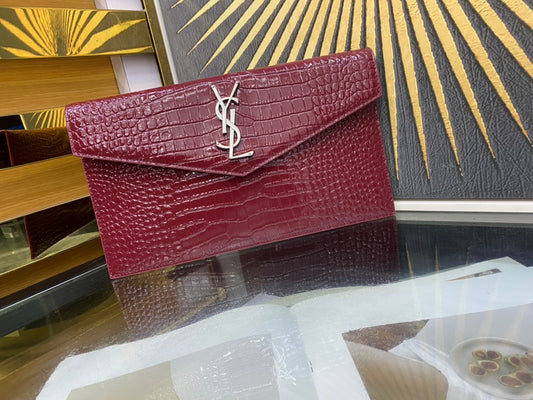 Saint Laurent Uptown Crocodile-Embossed Leather Clutch - Burgundy
