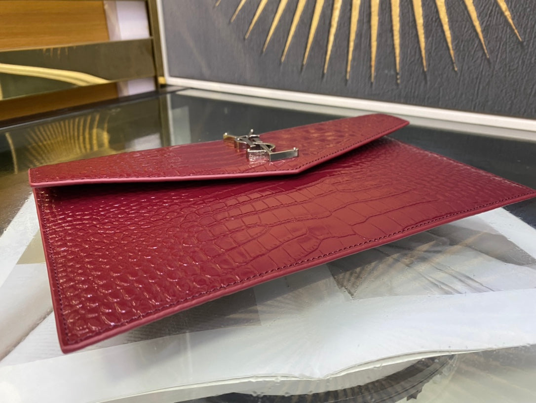 Saint Laurent Uptown Crocodile-Embossed Leather Clutch - Burgundy