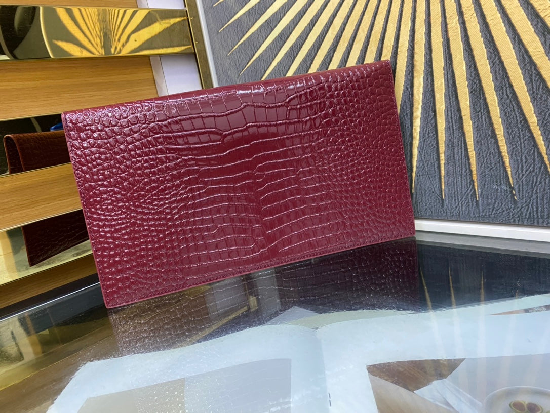 Saint Laurent Uptown Crocodile-Embossed Leather Clutch - Burgundy