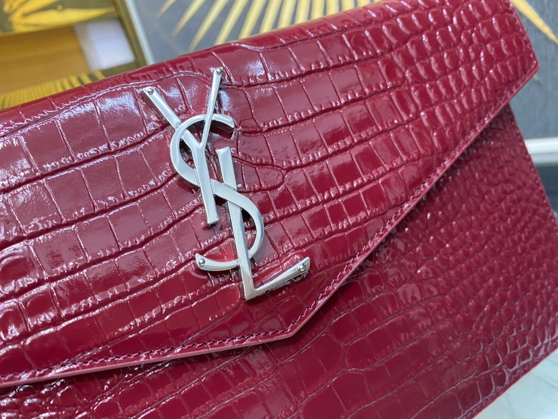 Saint Laurent Uptown Crocodile-Embossed Leather Clutch - Burgundy