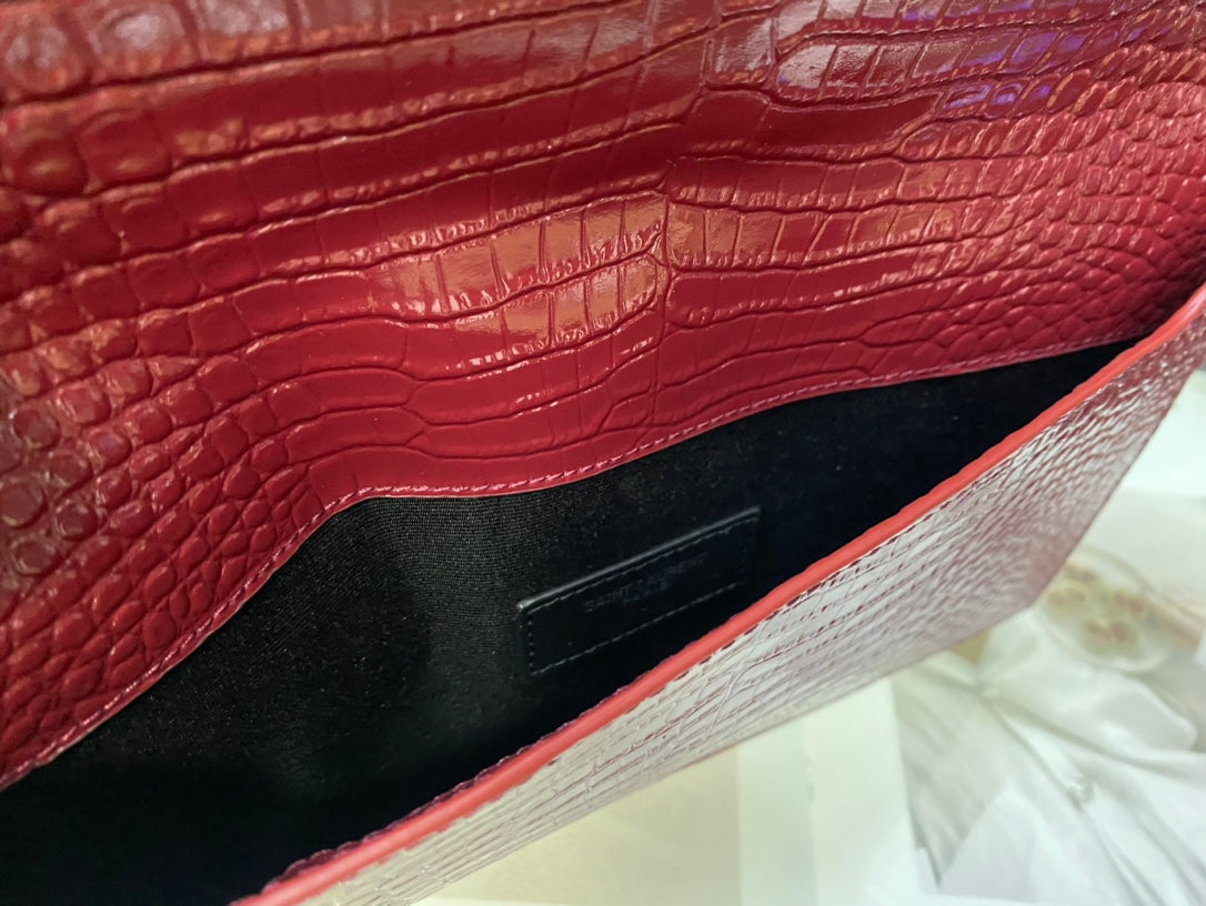 Saint Laurent Uptown Crocodile-Embossed Leather Clutch - Burgundy