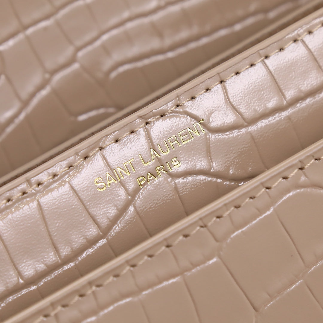 Saint Laurent Sunset Small Bag in Crocodile-Embossed Leather - Beige Gold Chain