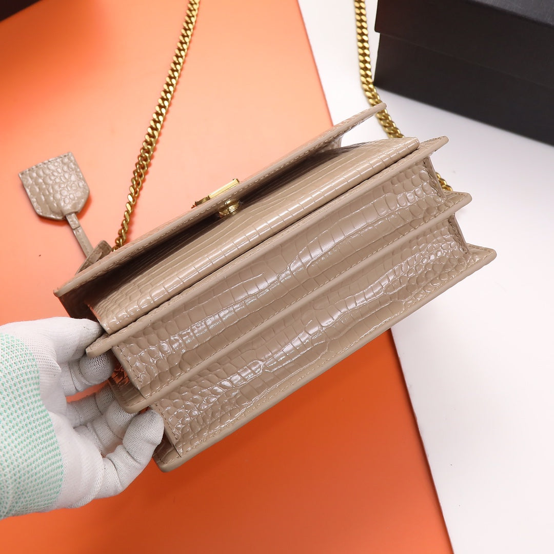 Saint Laurent Sunset Small Bag in Crocodile-Embossed Leather - Beige Gold Chain