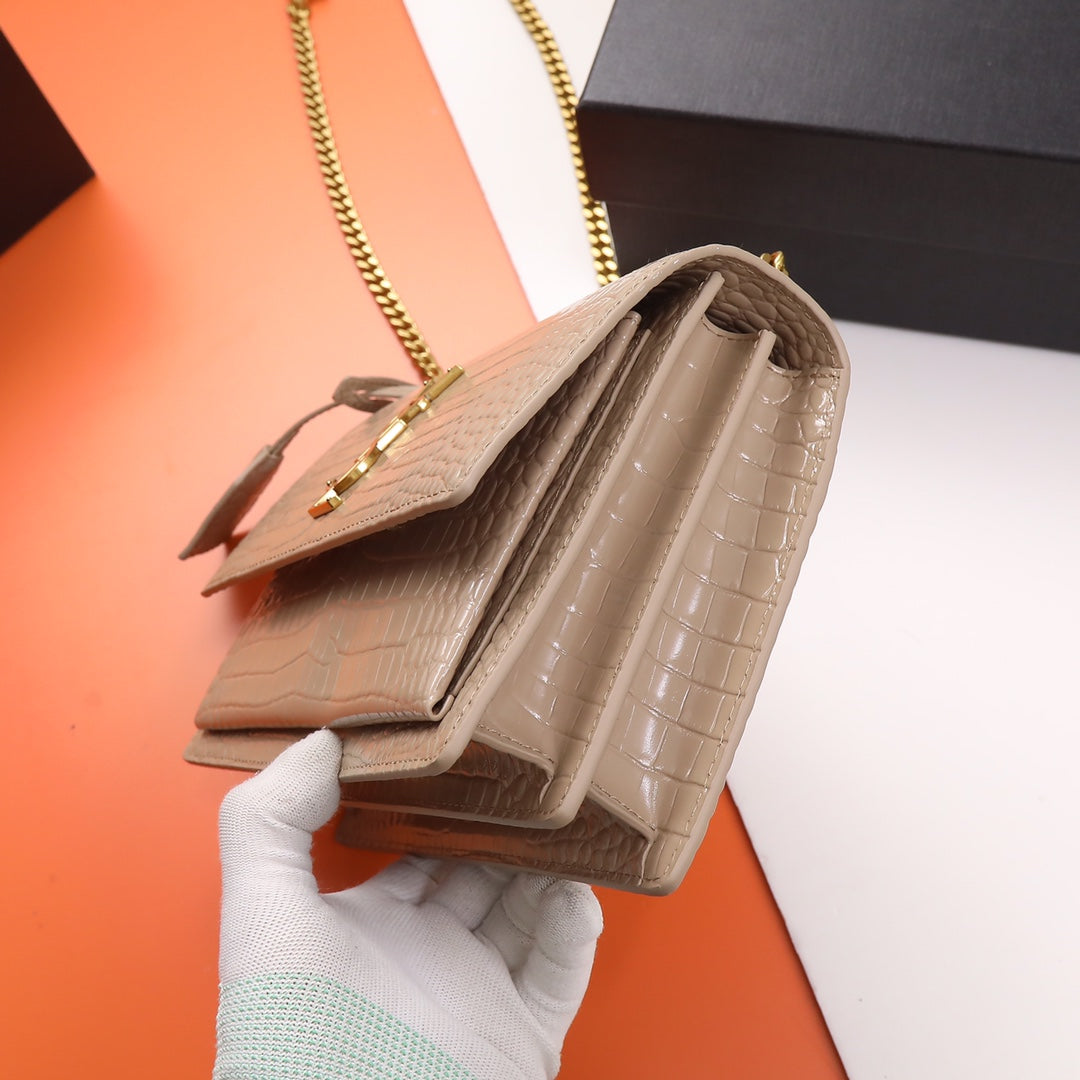 Saint Laurent Sunset Small Bag in Crocodile-Embossed Leather - Beige Gold Chain