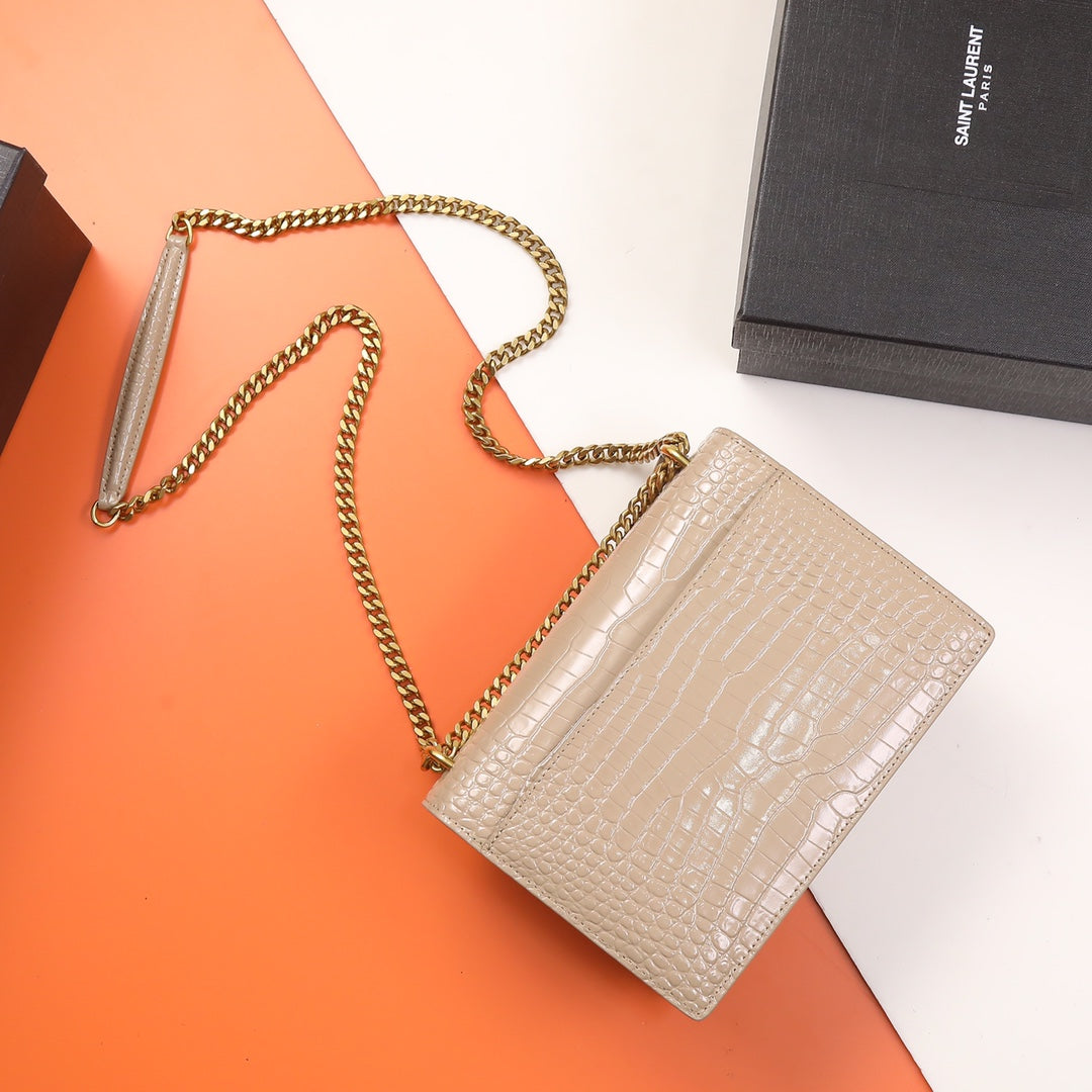Saint Laurent Sunset Small Bag in Crocodile-Embossed Leather - Beige Gold Chain