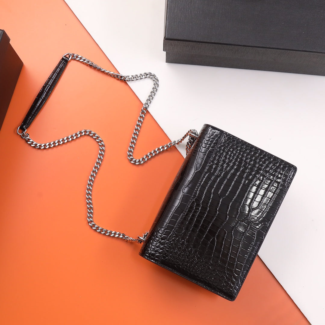 Saint Laurent Small Sunset Shoulder Bag in Crocodile-Embossed Leather